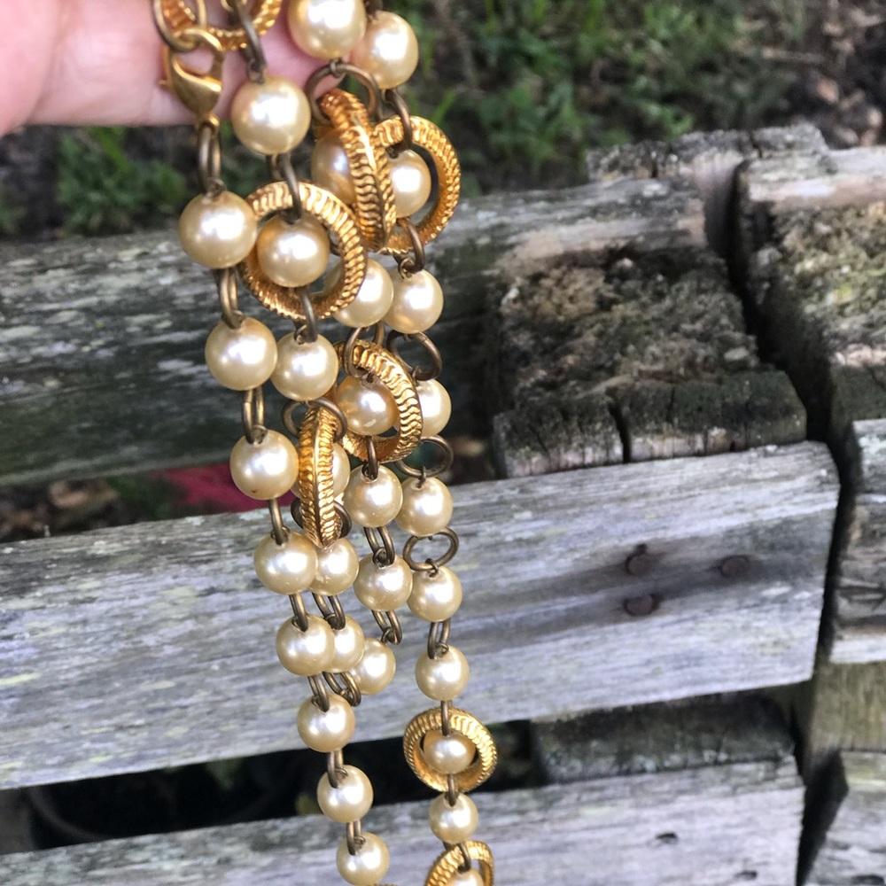 Vintage Art Deco Gold Tone Pearl Necklace Long